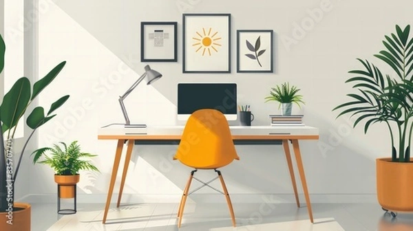 Fototapeta Minimalist Workspace: Illustrate a minimalist workspace setup with sleek furniture, a laptop, and stylish deco