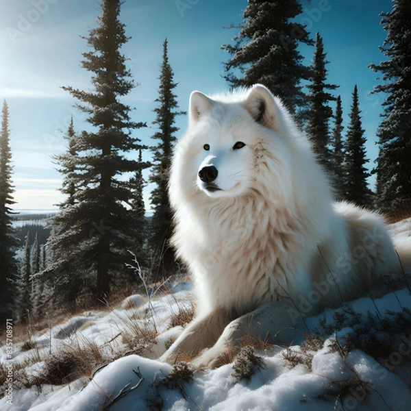 Fototapeta A beautiful white wolf sits on a snowy mountain with green tall trees in the jungle standing behind it.