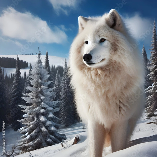 Fototapeta A white wolf stands on a profiled snow mountain with green trees standing behind.