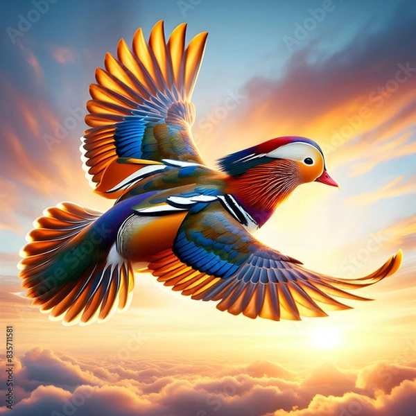 Fototapeta A very beautiful mandarin duck is flying and a beautiful view of the sunset is visible behind.