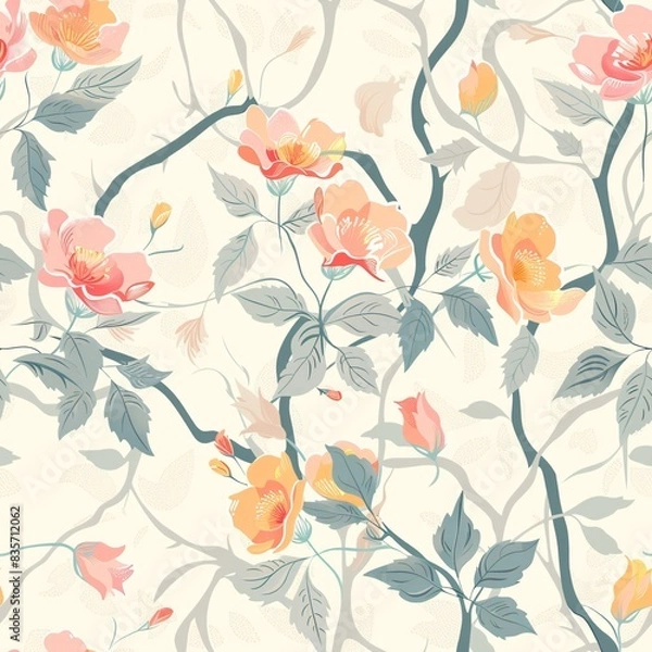 Fototapeta A seamless pattern of different types of flora, harmoniously intertwined with vines and petals for a continuous layout