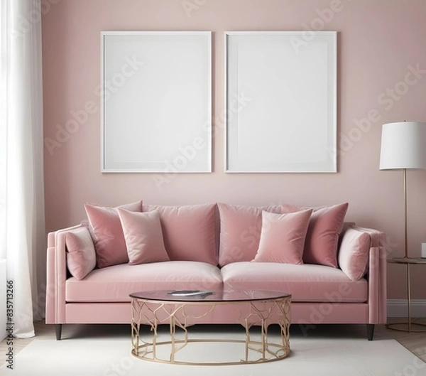 Fototapeta Frame mockup, ISO A paper size. Living room poster mockup. Modern interior design. Living room Interior mockup with house background. 3D render