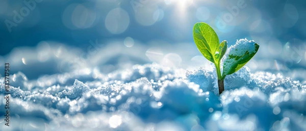Fototapeta A small green sprout emerging from the ground, with white snow surrounding where it grows and sunlight shining through, set against a blue sky background.