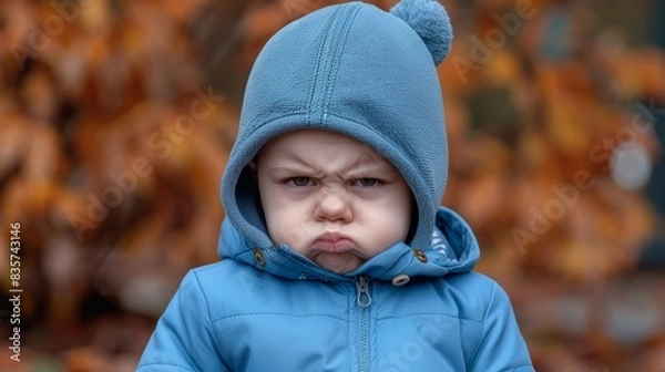 Fototapeta  A child wearing a blue jacket with a hood, adorned with bear ear accents