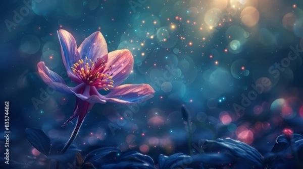 Fototapeta  A tight shot of a purple bloom against a blue backdrop Bokeh softly blurs the edges as light emanates from the flower's heart and core