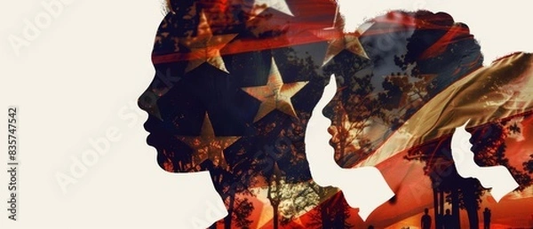Fototapeta Silhouettes of people with American flag overlay, symbolizing diversity and patriotism.