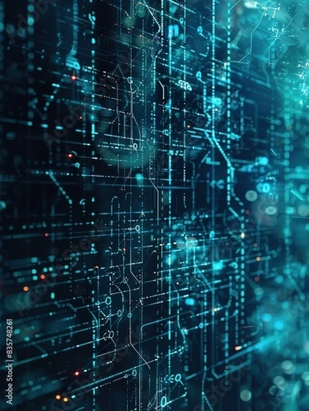Fototapeta High-Tech Data Charts with Blue Tones and Ambient Light, Featuring Techno Lines and Particles Creating a Futuristic and Mysterious Atmosphere