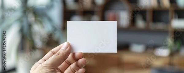 Fototapeta Person showing a blank business card with a blurred office background
