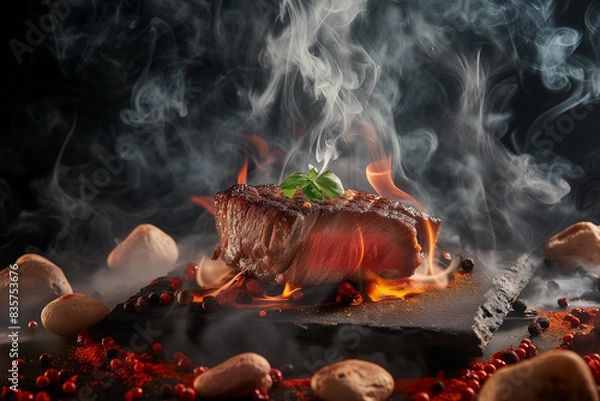 Fototapeta A steak with flames and smoke billowing out, on a stone surface surrounded by garnishing and stones