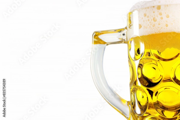 Fototapeta A close-up of a glass mug of beer, half full, on a white background