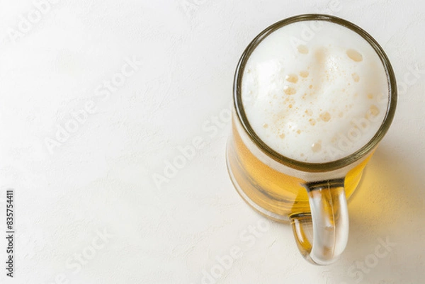 Fototapeta A glass mug filled with a golden yellow beer, topped with a white foam.