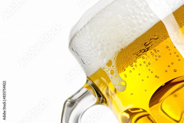 Fototapeta Close-up of a glass mug with beer on a white background. The beer has a thick head of foam on top.