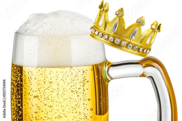 Fototapeta A glass mug of beer with a golden crown resting on the edge.