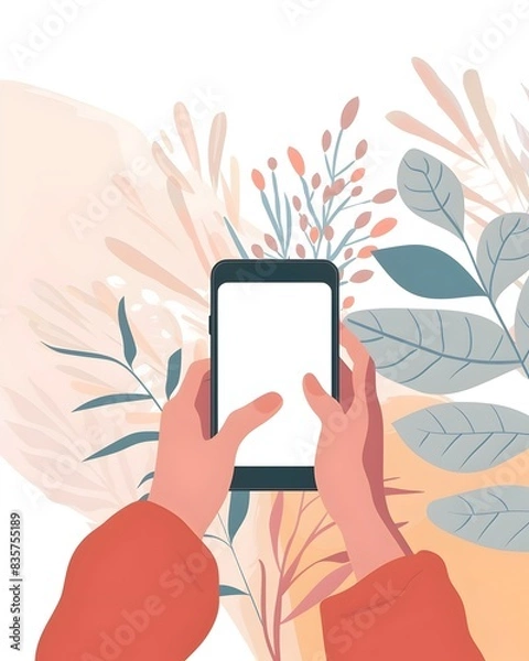 Fototapeta Person Using Grief Therapy App on Smartphone Surrounded by Soothing Colors