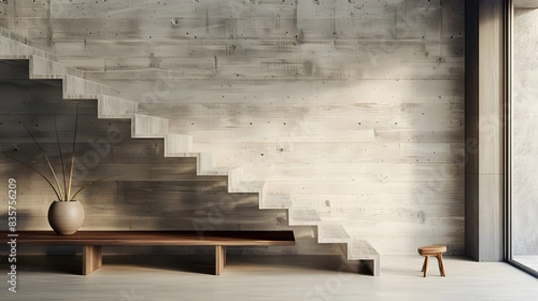 Fototapeta Loft interior design of modern entrance hall with staircase and rustic wooden bench near concrete wall with copy space.