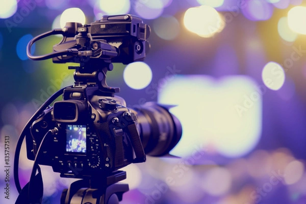 Fototapeta A camera on a tripod facing a purple bokeh background.