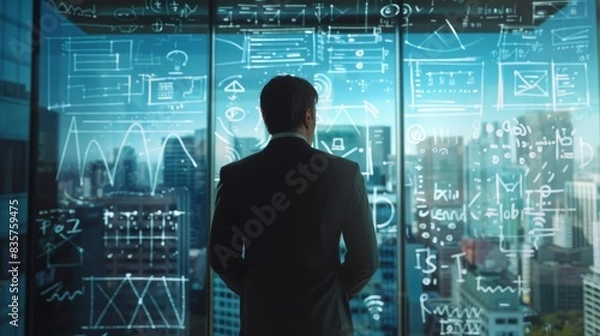 Fototapeta A businessman in a suit standing with his back to the viewer