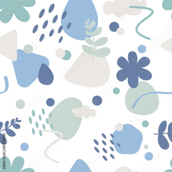 Fototapeta Abstract pastel blue tone color seamless pattern printable background with leaves, flowers, cloud, water drops, and dots