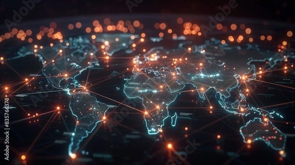 Obraz A futuristic world map with bright connections linking international business locations.