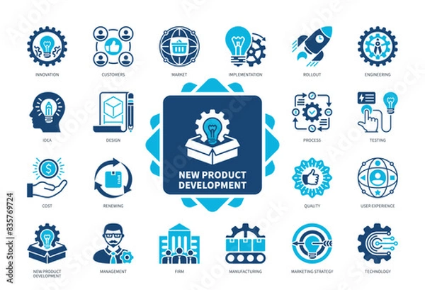 Obraz New Product Development icon set. Rollout, Design, User Experience, Manufacturing, Engineering, Idea, Distribution, Innovation. Duotone color solid icons