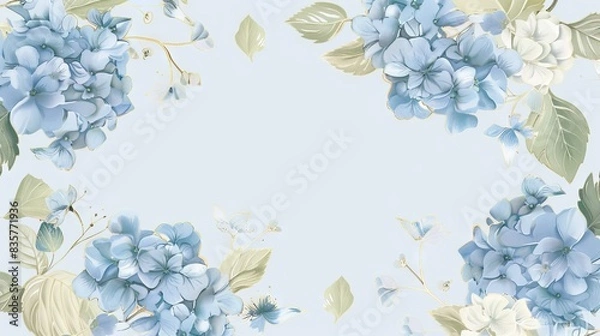Fototapeta Hydrangeas floral, luxury botanical on light blue background vector, empty space in the middle to leave room for text or logo, gold line wallpaper, leaves, flower, foliage, hand drawn
