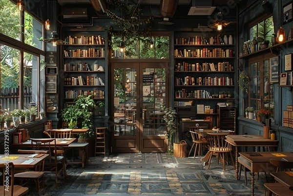 Fototapeta The cozy interior of a quaint cafÃ© with bookshelves filled with books, vintage furniture, ambient lighting, and large windows offering a serene view of greenerycozy