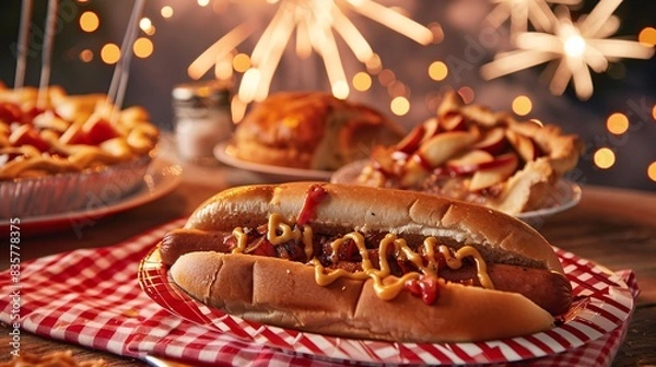 Fototapeta A festive table setting for a Fourth of July celebration. A juicy hot dog piled with all-American toppings sits on a red and white checkered plate, next to a slice of apple pie with a lit sparkler on