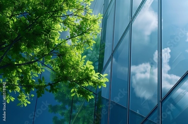 Obraz Green glass building with a tree reflection in the window, representing an ecofriendly architecture concept.  A green energy and environment friendly city scene. An abstract background.