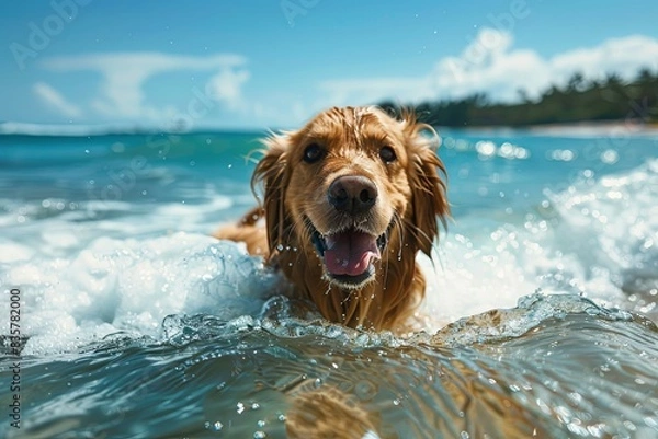 Obraz photo of a cool dog while surfing with his tongue out 
