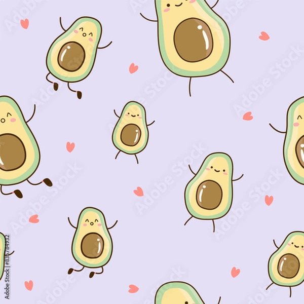 Fototapeta Cute sliced avocado and pink hearts seamless pattern on purple background