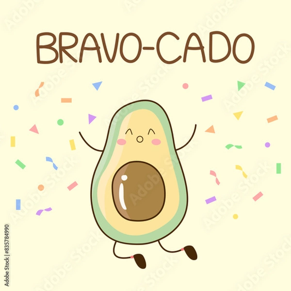 Fototapeta Cute joyful avocado jumping among colorful confetti with quote "Bravo-cado" on pastel yellow background. Fruit and food pun for card design in happy concept