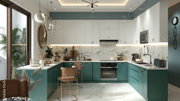 Obraz Modern Kitchen with Teal Cabinets and Marble Pattern Countertop