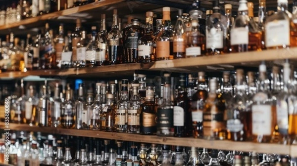 Obraz Extensive Collection of Whiskey Bottles on Wooden Shelves in a Specialty Store