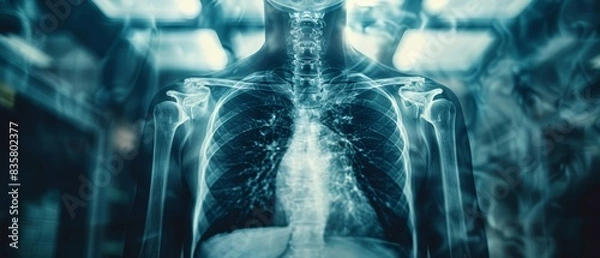 Fototapeta Futuristic digital image of human chest anatomy showing lungs and ribcage in a medical or scientific context using high-tech imagery.
