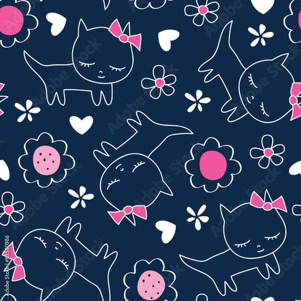 Obraz seamless cat and flowers pattern vector illustration