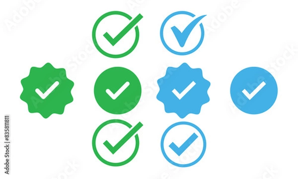 Fototapeta Verified badge icon tick symbol vector approved check mark icon. Blue green checkmark icons - Certificate badge Quality certify symbol.
