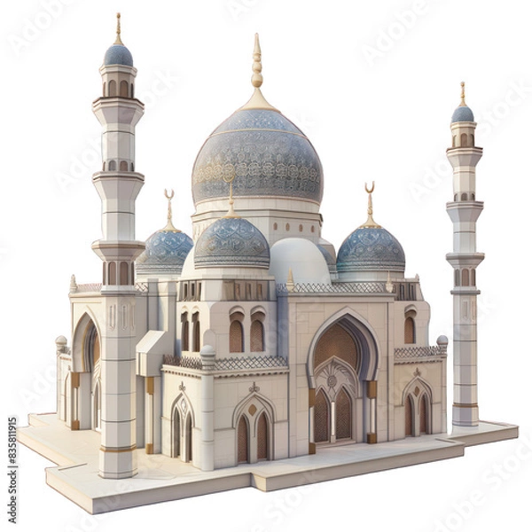 Fototapeta White mosque with domes and minarets isolated on transparent background. 3D architectural model. Religious and cultural landmark concept for design and print.