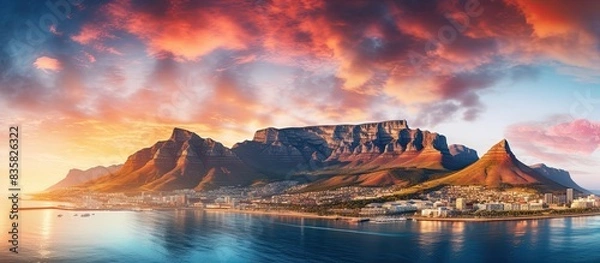 Fototapeta Nighttime view of Table Mountain with illuminated car trail in foreground, creating a mesmerizing copy space image.