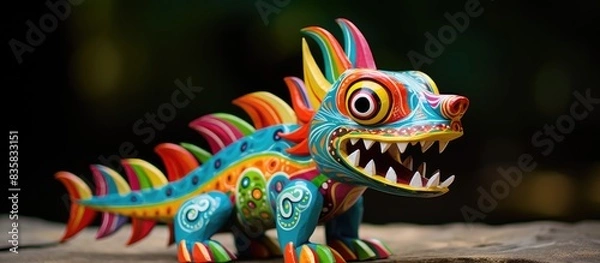 Fototapeta Discover the colorful and intricate Mexical art craft of Alebrijes in Oaxaca with vibrant designs and unique shapes showcased in a copy space image.