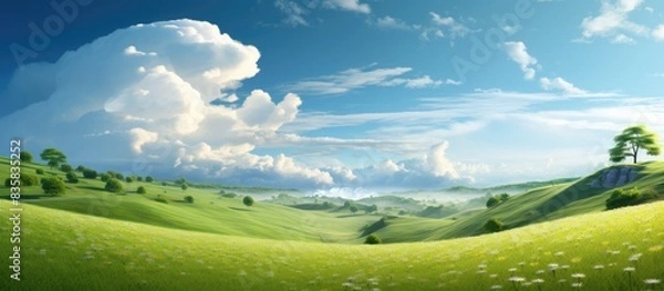 Fototapeta Sun setting over a green grassy field under a picturesque blue sky with fluffy clouds providing a tranquil scene with copy space image.