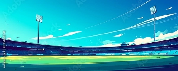 Fototapeta stadium in a colossal scale, in flat style of vector illustration, wide scale, green grass field, and lights shining