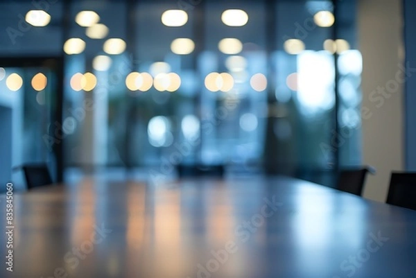 Obraz Blurred office interior background with a blurred desk and window light bokeh, a working space in the style of a modern business center for presentation or meeting.