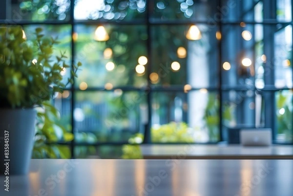 Obraz Blurred office interior background with a blurred desk and window light bokeh, a working space in the style of a modern business center for presentation or meeting.