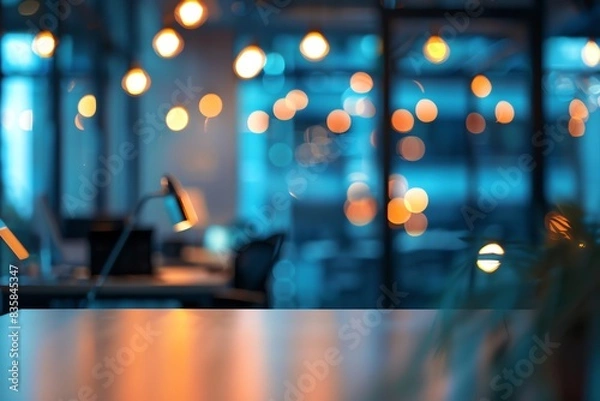 Obraz Blurred office interior background with a blurred desk and window light bokeh, a working space in the style of a modern business center for presentation or meeting.