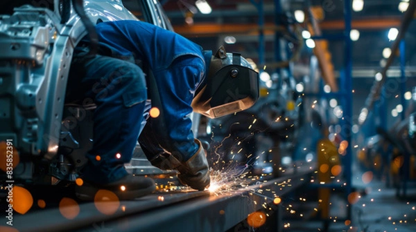 Fototapeta A man in special clothes cooks metal at a factory. An experienced welder using a welding machine performs work indoors.