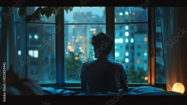 Fototapeta A man sits by a window, looking out at the cityscape