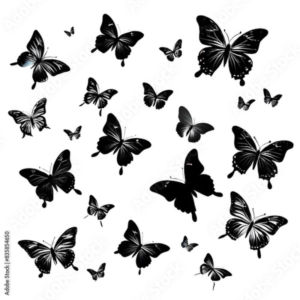 Obraz set of black butterflies on white background