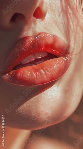 Fototapeta beautiful plump lips, close-up photo, realistic photo, soft pink shade, natural lip color