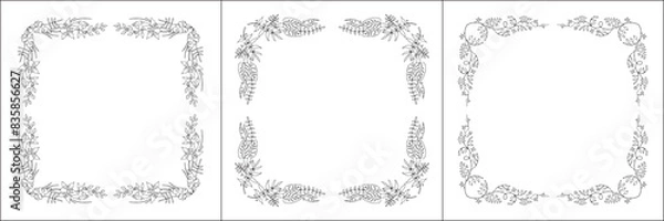 Fototapeta Set of three vegetal vector frames with tropical leaves. Black and white. Vector frame for all sizes and formats. Isolated vector illustration.	
