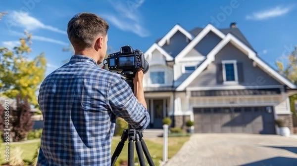 Fototapeta Photographer using a camera on a tripod to take pictures of a house for a real estate listing, emphasizing property marketing.